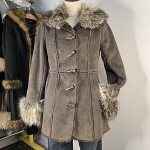 Penny Jane Jacket Brown Faux Suede Faux Fur Toggle Closer Size Small